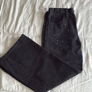 Old Navy Flare Jeans in Dark Charcoal with Rhinestone Accents